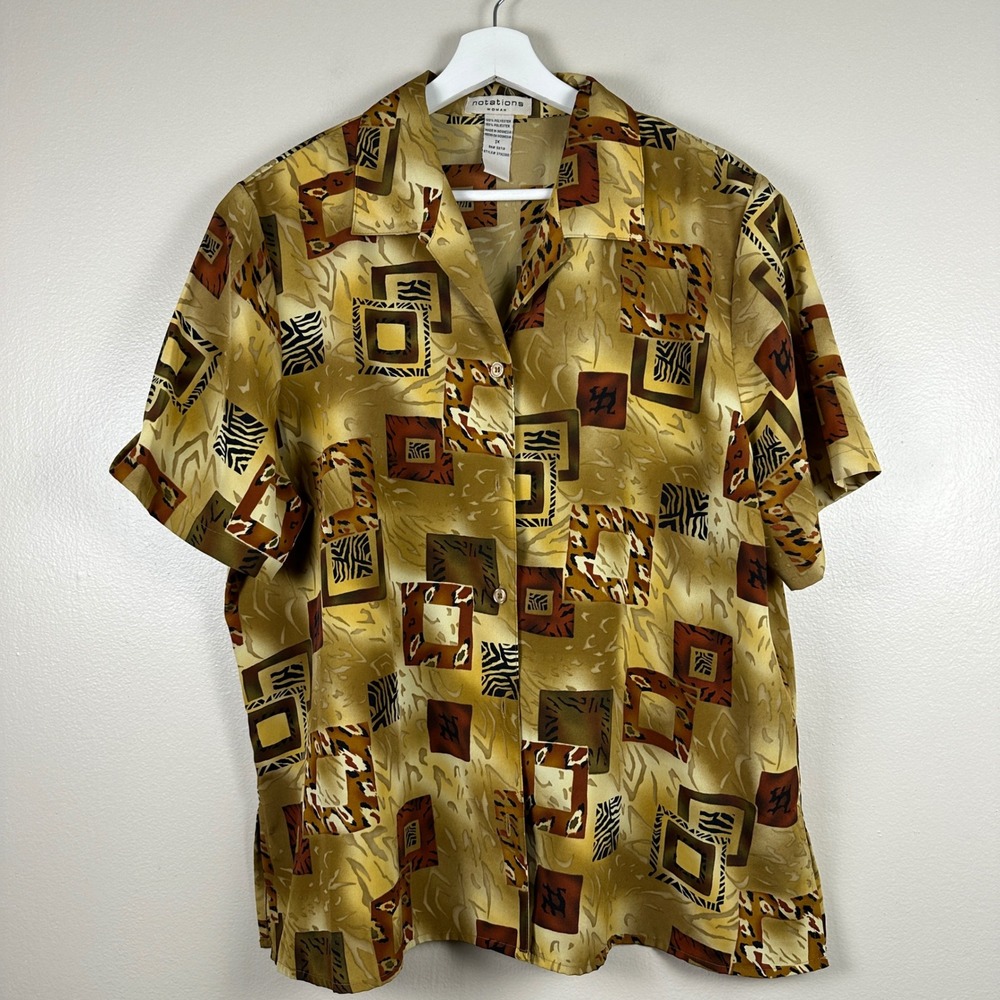 Notations Woman's 1X Shirt Multicolor Geometric Animal Print Short Sleeve Button